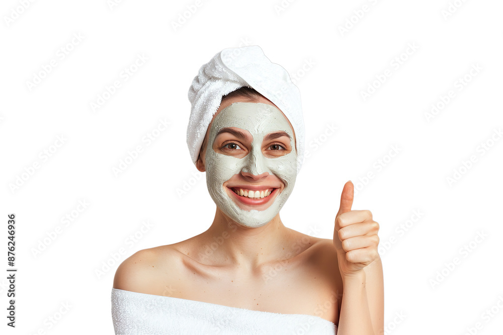 Smiling woman with glowing skin, wearing a facial mask and giving a thumbs-up on a white background. Smiling woman with glowing skin, wearing a facial mask and giving a thumbs-up on a white background.