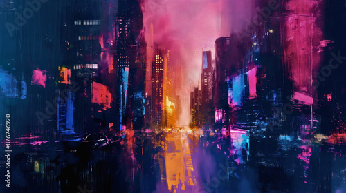 Futuristic cityscape illuminated with neon lights paints a cyberpunk scene. The modern, towering skyscrapers and vibrant downtown buildings glow in blue and pink hues, urban night.
