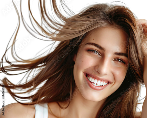 Cheerful woman with glowing skin, twirling a strand of hair and smiling on a white background.