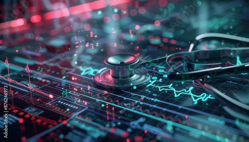 Artificial intelligence AI in Healthcare. Integration of AI in diagnostics and personalized medicine. Digital stethoscope with AI circuitry and data lines, set against a backdrop of heart rhythm ECG photo