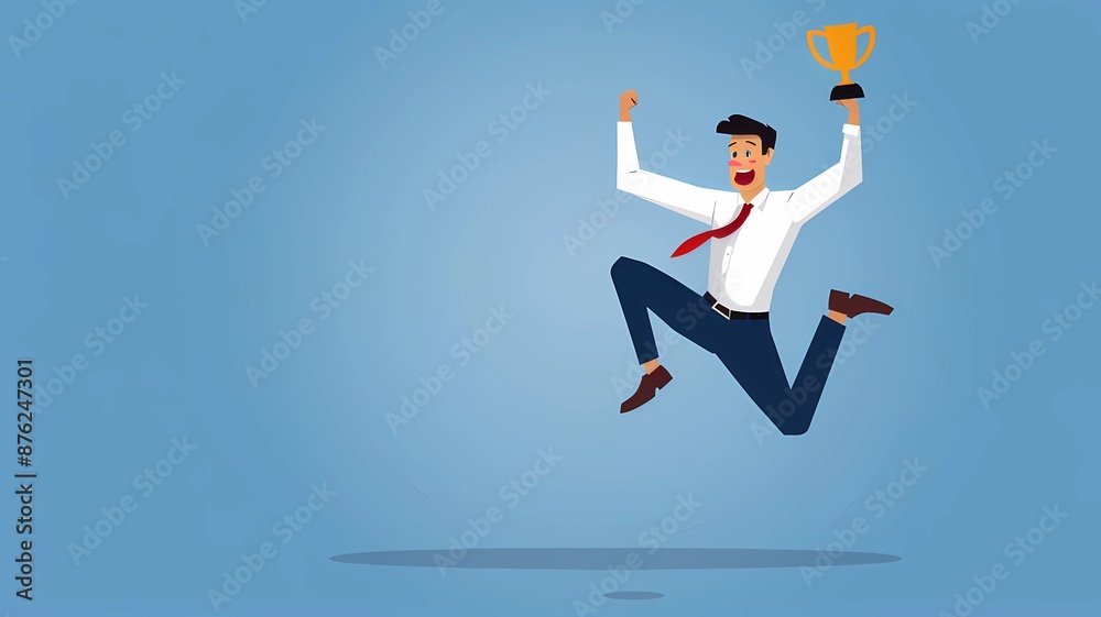 A joyful businessman or office worker jumping with a trophy in hand, symbolizing success in business or recruitment.