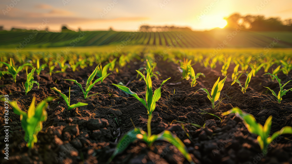 Rows of young corn plants the sunset Green corn