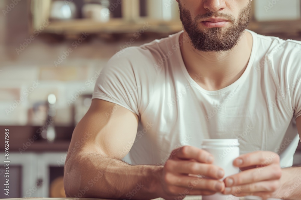 Bearded Man Holding a Pills Box in Kitchen Bearded Man Holding a Pills Box in Kitchen