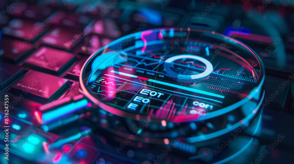 Analyzing SEO Data with a Neon Screen and Digital Magnifier. Concept SEO Analysis Analyzing SEO Data with a Neon Screen and Digital Magnifier. Concept SEO Analysis