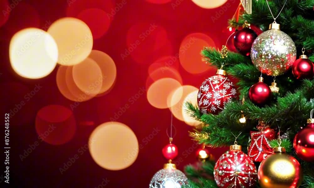 Christmas background with xmas tree and sparkle bokeh lights on red canvas background Christmas background with xmas tree and sparkle bokeh lights on red canvas background