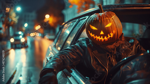 cool fun terror Man Halloween Pumpkin head driving a vintage car on the horror urban street 