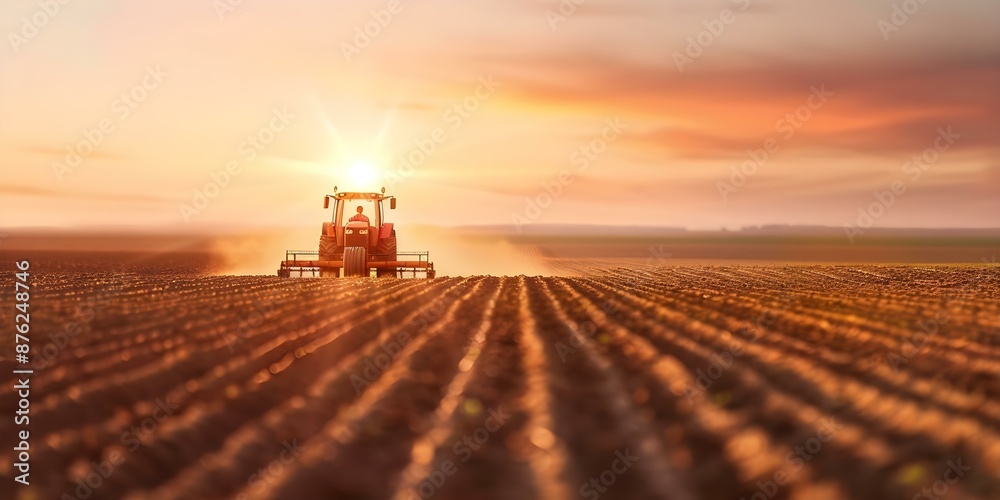 Aerial view of tractor plowing fields at sunset showcasing modern farming technology. Concept Aerial Photography, Agriculture, Technology, Farming, Sunset Aerial view of tractor plowing fields at sunset showcasing modern farming technology. Concept Aerial Photography, Agriculture, Technology, Farming, Sunset