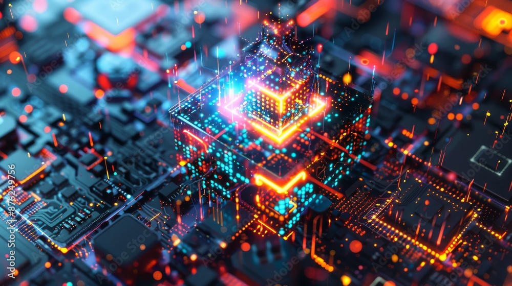 Complex network of microchips with an ‘AI’ cube at the center, illustrating the intricate and interconnected nature of modern artificial intelligence technology, detailed and vibrant Complex network of microchips with an ‘AI’ cube at the center, illustrating the intricate and interconnected nature of modern artificial intelligence technology, detailed and vibrant