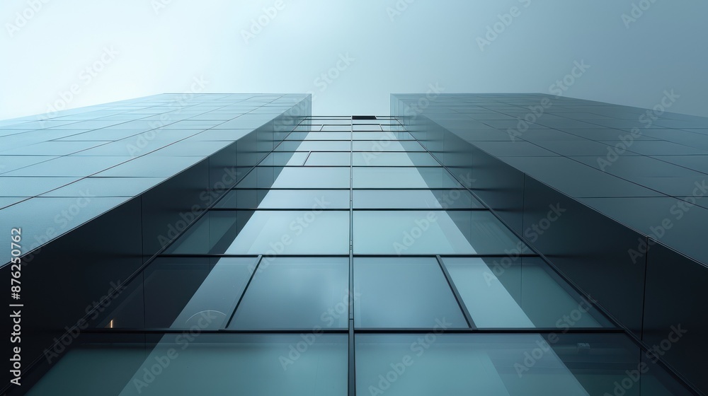 Low angle view of modern glass skyscraper with reflection, capturing the essence of contemporary architecture and urban design. Low angle view of modern glass skyscraper with reflection, capturing the essence of contemporary architecture and urban design.