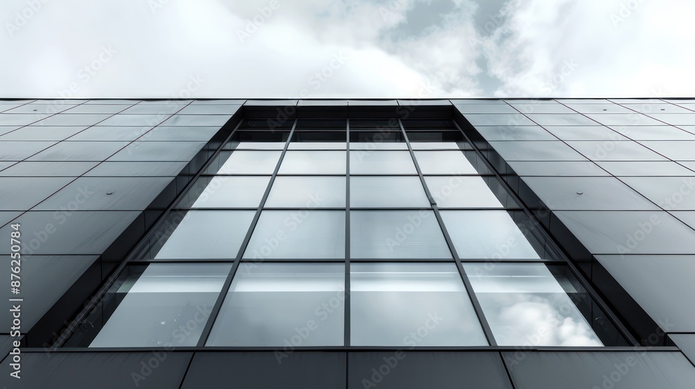 Modern glass building facade with reflective windows, capturing a minimalist architecture style against a cloudy sky. Modern glass building facade with reflective windows, capturing a minimalist architecture style against a cloudy sky.