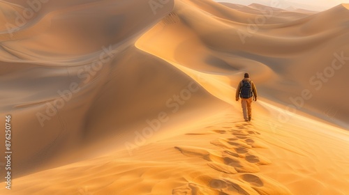 Lone traveler with backpack walks along vast golden sand dunes under a serene sky, leaving footprints in the pristine desert landscape. photo