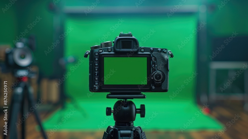 Professional camera on tripod in a green screen studio setup, perfect for video production and photography projects. Professional camera on tripod in a green screen studio setup, perfect for video production and photography projects.