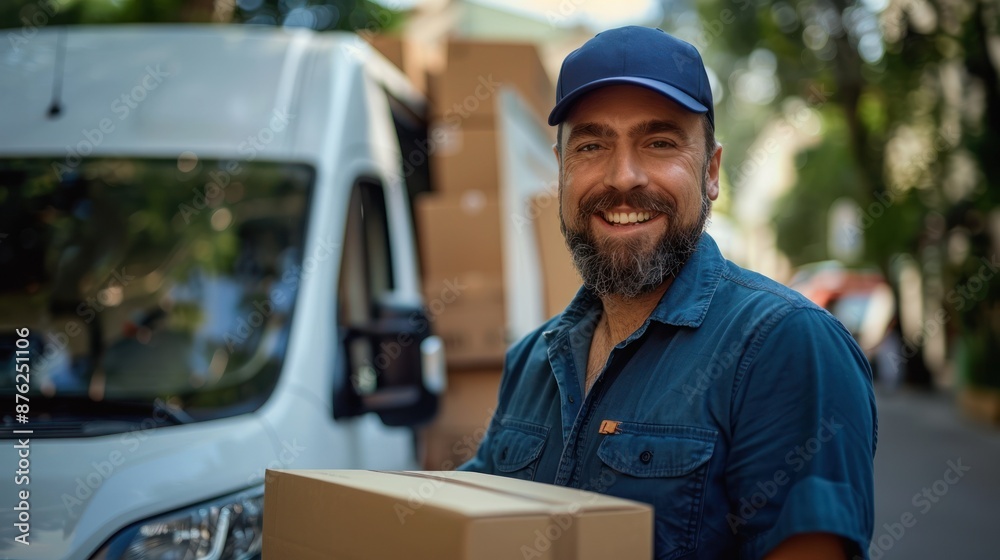Smiling delivery man holding a package in front of a van, representing professional courier service and reliable logistics solutions. Smiling delivery man holding a package in front of a van, representing professional courier service and reliable logistics solutions.