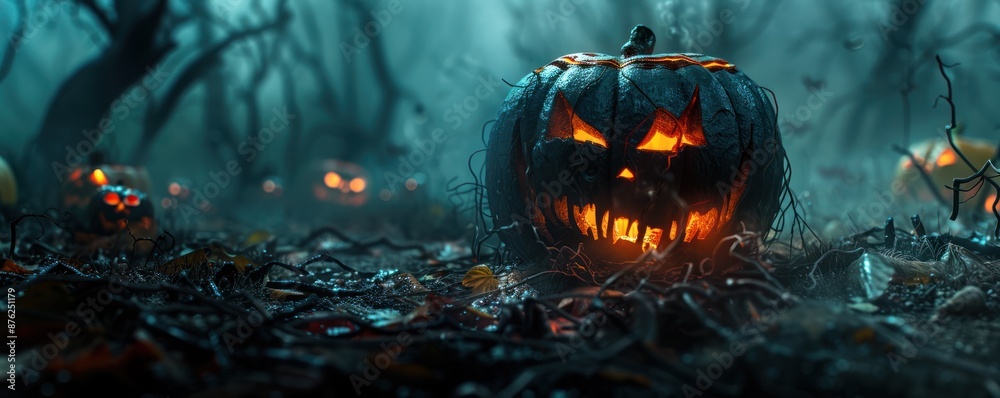 Spooky carved Halloween pumpkin glowing in a misty, eerie forest with a haunting atmosphere and other illuminated pumpkins in the background. Spooky carved Halloween pumpkin glowing in a misty, eerie forest with a haunting atmosphere and other illuminated pumpkins in the background.