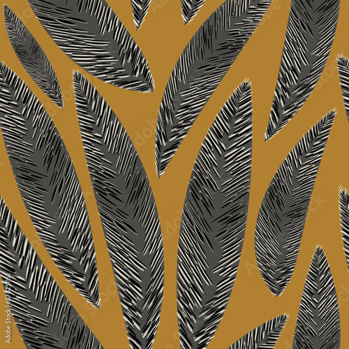 Textured fantasy tropical leaves form a cute botanical pattern for modern textiles and wrapping paper on a mustard background. Vector.