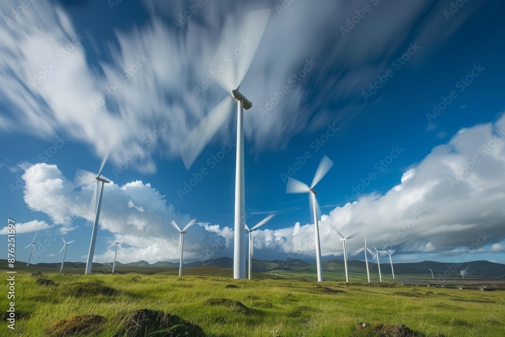Wide-angle view of wind turbines against blue sky in field Wide-angle view of wind turbines against blue sky in field