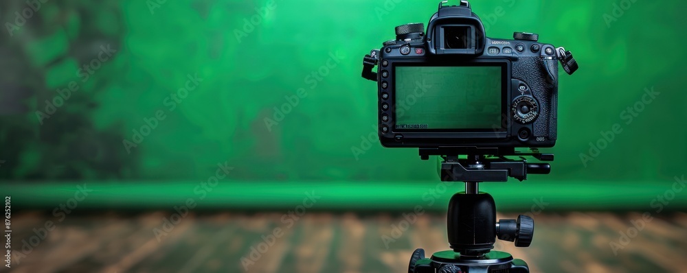 Digital camera on tripod facing a green screen background, perfect for video production or photography projects, ready for creative use. Digital camera on tripod facing a green screen background, perfect for video production or photography projects, ready for creative use.