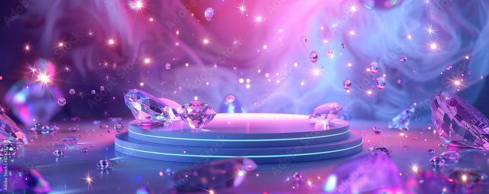 Obraz premium Surreal floating podium with glowing gemstones and magical lighting, Dreamlike, Bright colors, 3D rendering