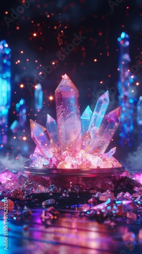 Surreal floating podium with glowing crystals and magical lighting, Dreamlike, Bright colors, 3D rendering