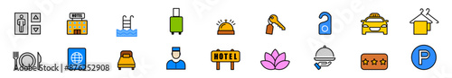 Color hotel elements. Collection of color hotel icons. Icons for renting a room. Hotel reservations.	
