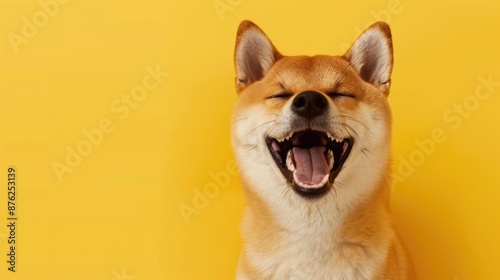 Portrait of a cheerful dog on an orange background © grigoryepremyan