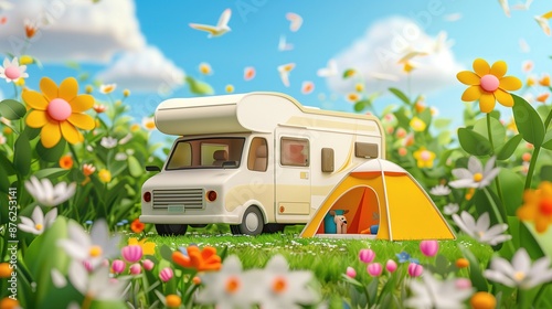 An RV parking on a beautiful grassland, with a tent nearby, cute 3D cartoon illustration
