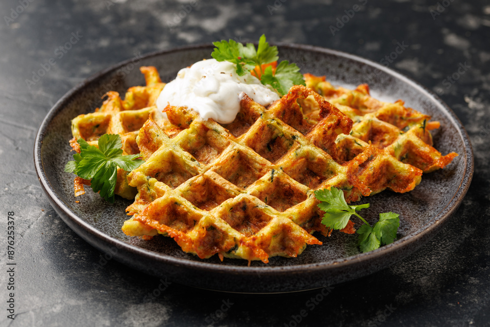 Homemade zucchini waffles in a rustic plate. Healthy food. Homemade zucchini waffles in a rustic plate. Healthy food.