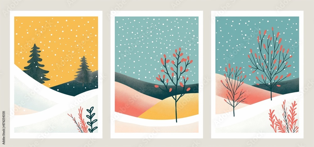 leafless tree and coniferous woodland winter nature landscape picture frame collection set , boho flat design grungy minimalist Japandi style home wall hanging decor, mockup idea leafless tree and coniferous woodland winter nature landscape picture frame collection set , boho flat design grungy minimalist Japandi style home wall hanging decor, mockup idea