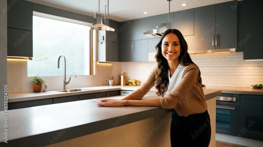 Woman with a smile by a contemporary kitchen island. Woman with a smile by a contemporary kitchen island.