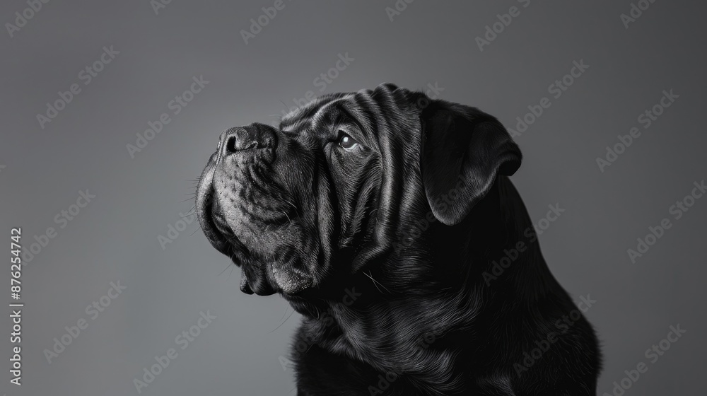 Black shar pei dog against grey backdrop Black shar pei dog against grey backdrop