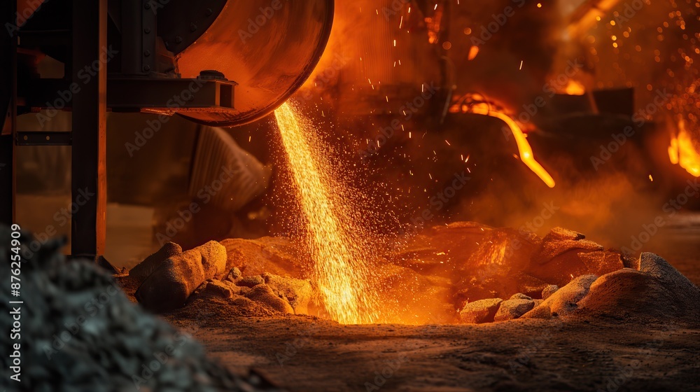 liquid molten metal pouring in mold container, heavy metallurgical ironwork factory liquid molten metal pouring in mold container, heavy metallurgical ironwork factory