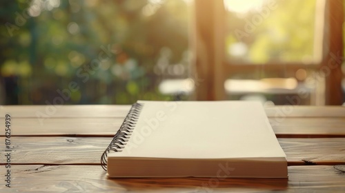 Blank page notepad on table top down view with copy space note taking idea blurred backdrop