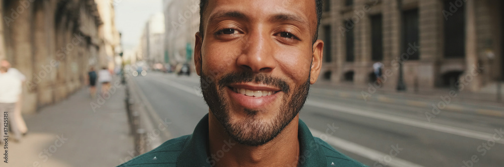 Close-up of happy young man standing on the street. Guy turns his head and smiles at the camera Close-up of happy young man standing on the street. Guy turns his head and smiles at the camera