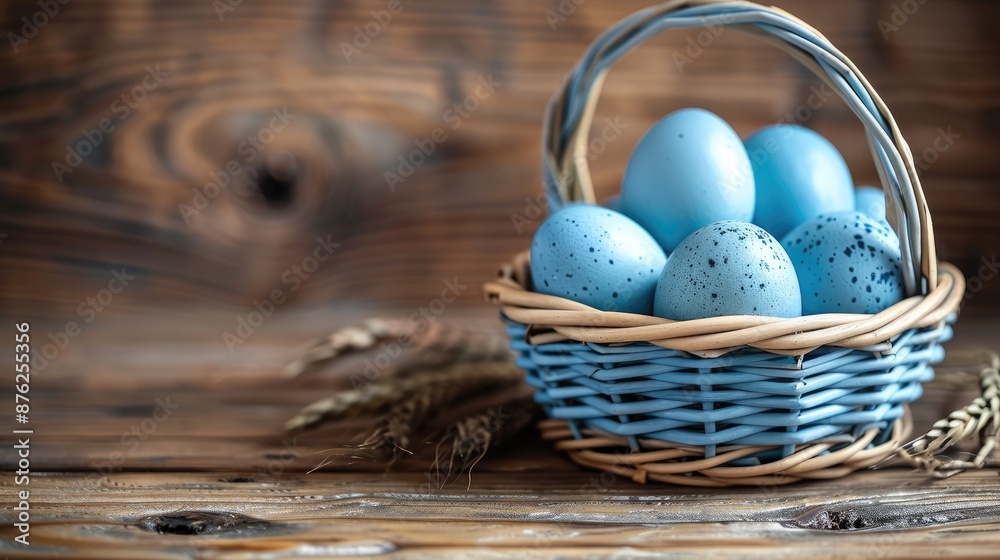 Blue eggs in a basket on wood table with blank space Blue eggs in a basket on wood table with blank space