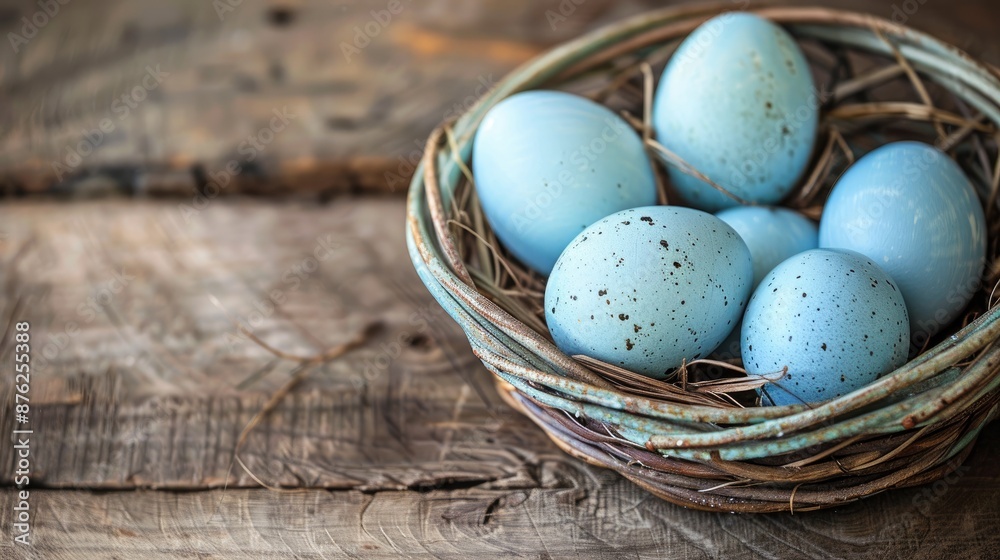 Blue eggs in a basket on wood table with blank space Blue eggs in a basket on wood table with blank space