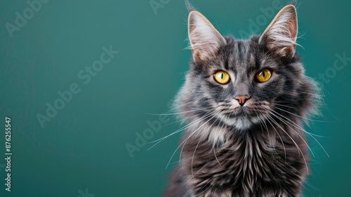 Blue tabby Maine Coon cat with yellow eyes portrait on green background with room for text