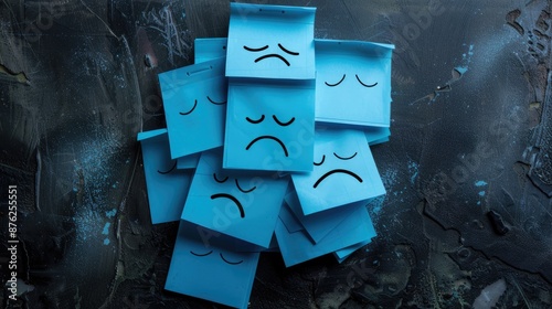 Blue sticky notes with sad face drawing on black background for Blue Monday and mental health concept