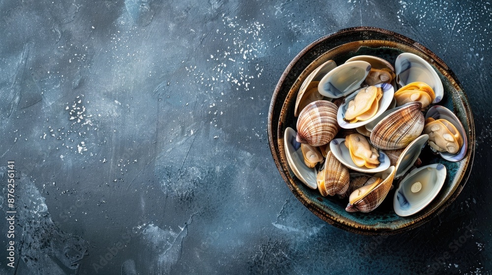 Boiled blood clams in a bowl with empty space for text Boiled blood clams in a bowl with empty space for text