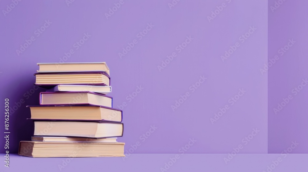 Books piled on violet backdrop Books piled on violet backdrop
