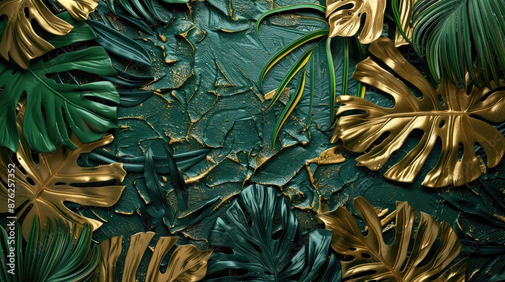 Obraz premium Harmonious blend of Volumetric decorative tropical leaves intricately designed amidst textured plastered wall and elegant gold elements, symbolizing the timeless allure