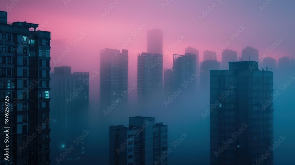 Moody foggy cityscape at dawn Moody foggy cityscape at dawn