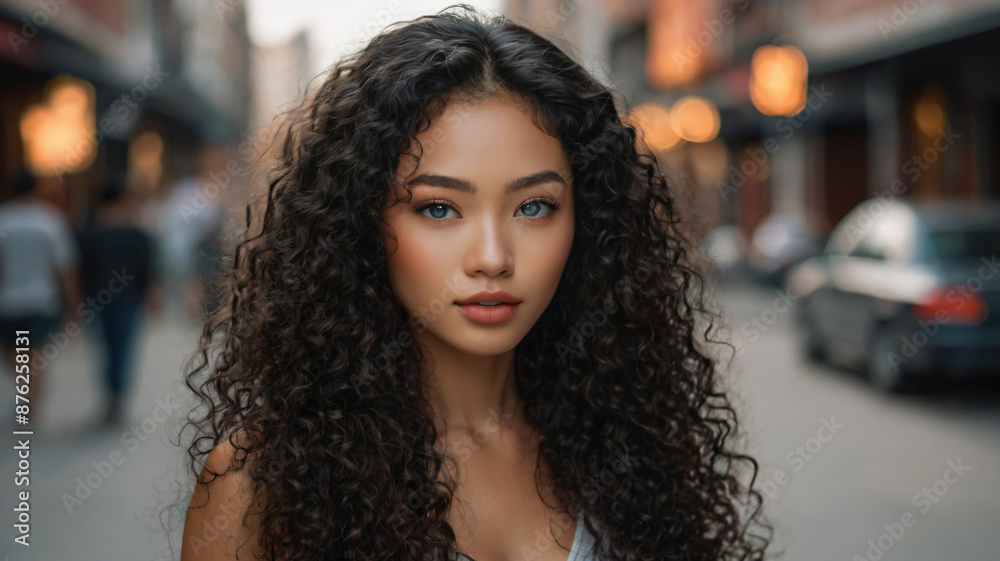 Beautiful Asian Black Woman with Blue Eyes and Curly Hair. AI generativ. Beautiful Asian Black Woman with Blue Eyes and Curly Hair. AI generativ.