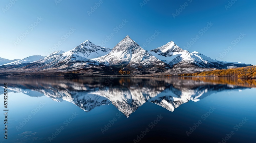 Snow-capped mountain peaks reflected in calm lake Snow-capped mountain peaks reflected in calm lake