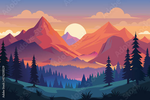 Natural forest trees mountains horizon hills silhouettes of trees and hills in the evening Sunrise and sunset Landscape wallpaper Illustration vector style Colorful view background stock © atilgan