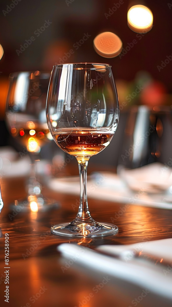 Elegant Wine Glasses on Dining Table in Cozy Restaurant Setting with Soft Evening Lighting Elegant Wine Glasses on Dining Table in Cozy Restaurant Setting with Soft Evening Lighting