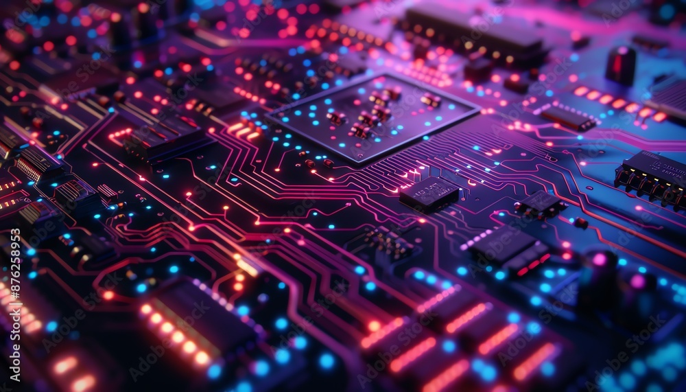 An electronic circuit board with surface-mounted components. The board is illuminated with pink and blue lights. An electronic circuit board with surface-mounted components. The board is illuminated with pink and blue lights.