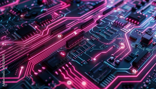 An electronic circuit board with glowing pink and blue neon lights