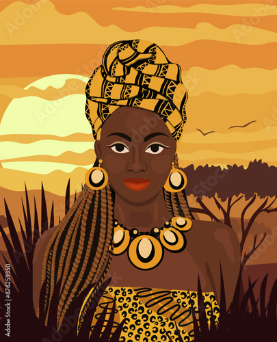 Poster with ethnic African woman. Tribal boho style.