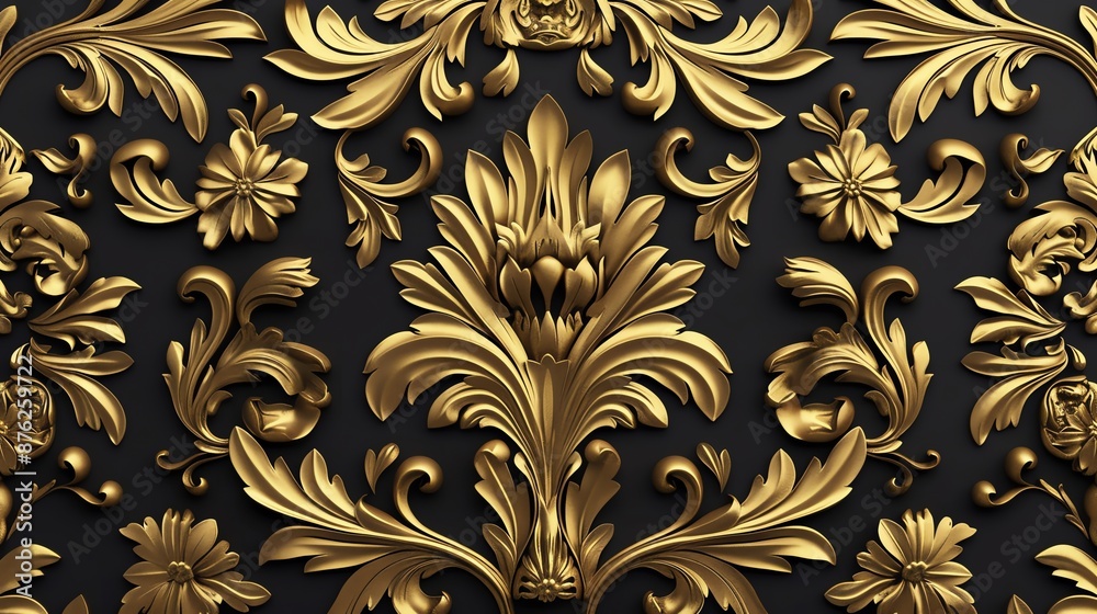 An opulent gold filigree pattern is formed into a seamless pattern on a black background An opulent gold filigree pattern is formed into a seamless pattern on a black background