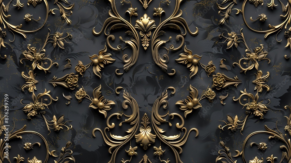 An opulent, symmetrical, seamless pattern of golden flourishes and flowers against a dark background An opulent, symmetrical, seamless pattern of golden flourishes and flowers against a dark background